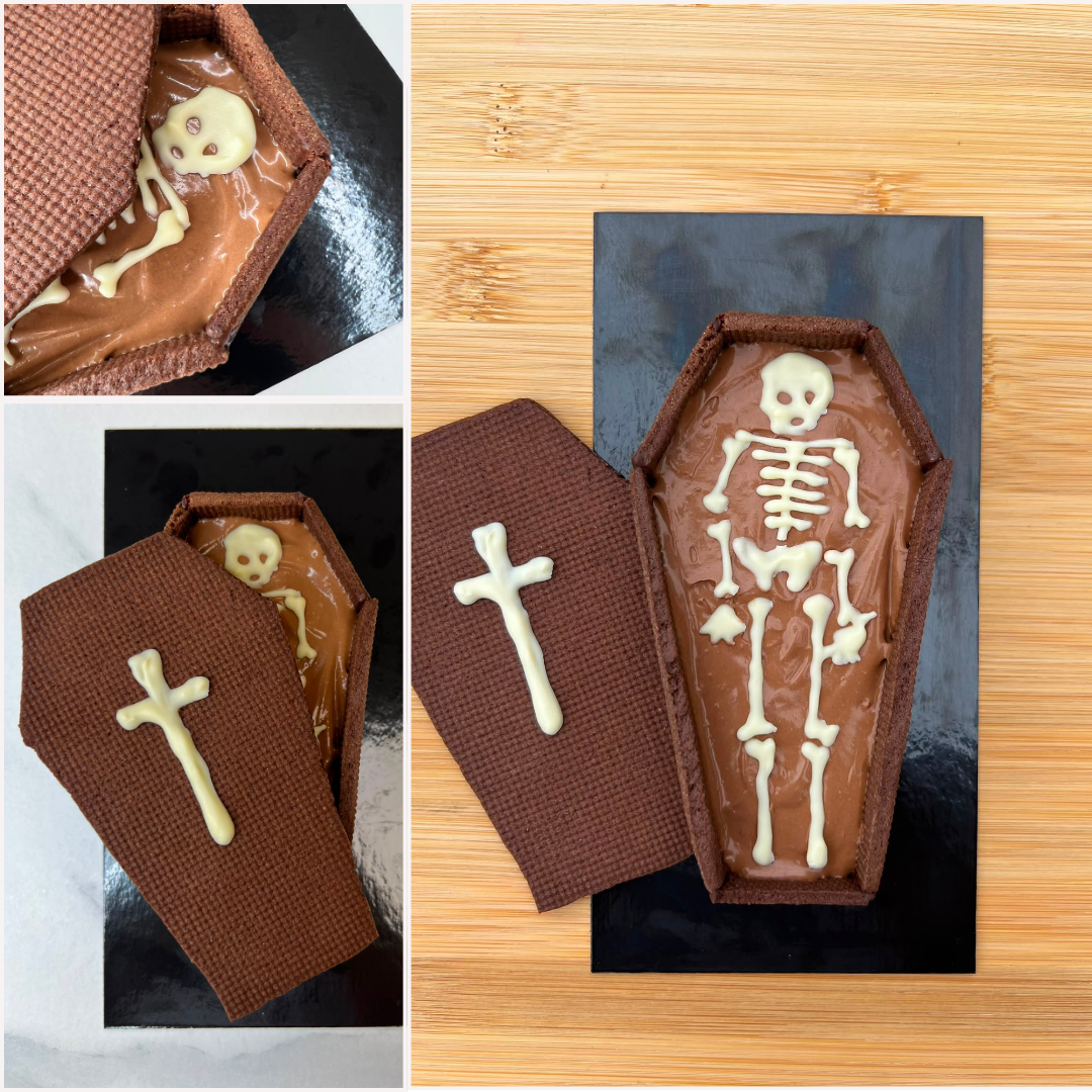 Cercueil & Chocolat est un atelier Candice Bakes dans lequel vous faites un squelette en chocolat et un cercueil en sablé. Trompe l'oeil pour halloween